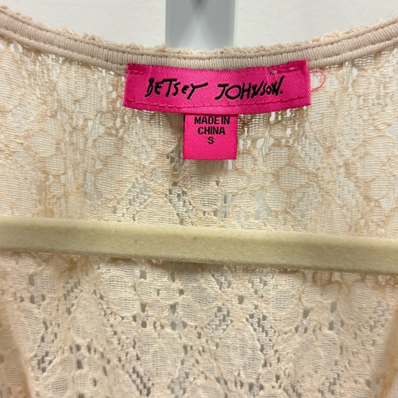 Betsey Johnson Mosaic Lace Puff-Sleeve Midi Dress Crochet Back Cream Sm JL408532 - Picture 9 of 15